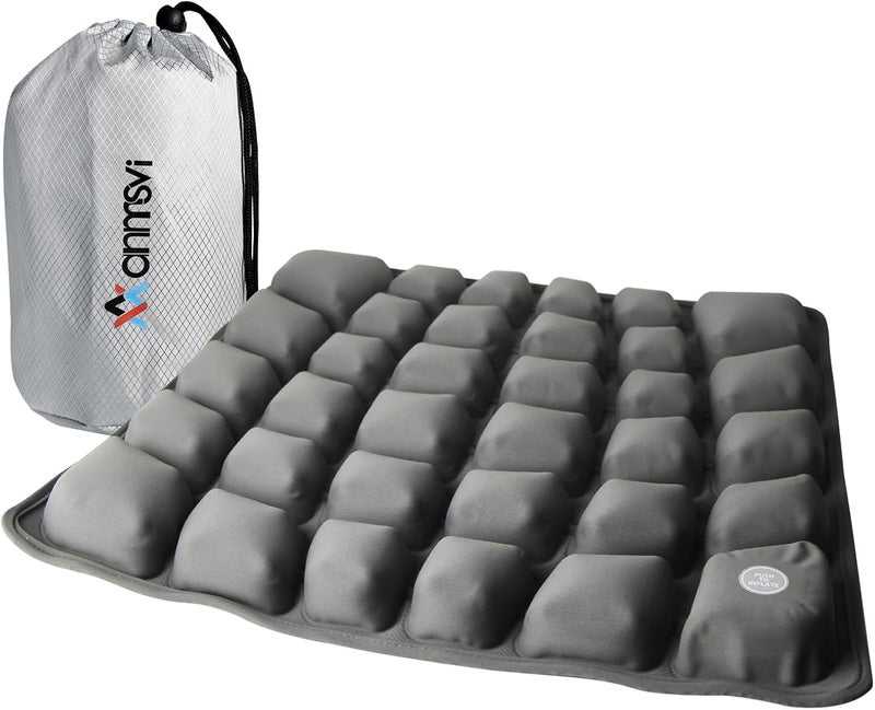 ANMSVI Inflatable Travel Seat Cushion with Built-in Pump & Carry Bag (Grey Cushion with Silver Storage Bag) - Image 1